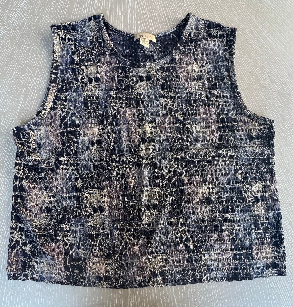 Plissé Plus Size 2X Blue Black Abstract Pattern Stretch Crinkle Tank